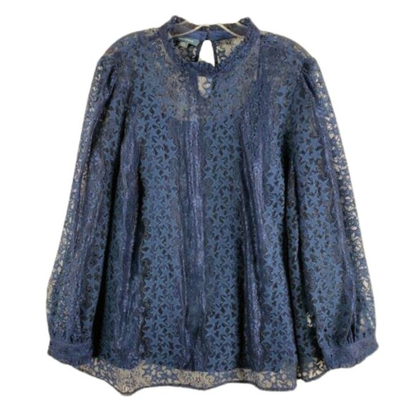 ModCloth Winsome Whims Star Lace Long Sleeved Blouse - Navy - L - Picture 3 of 11